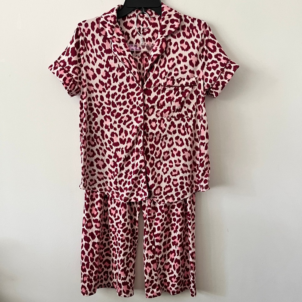 Kate Spade Pink Leopard Print Pajama Set Short Sleeve Button Top Crop Pants S